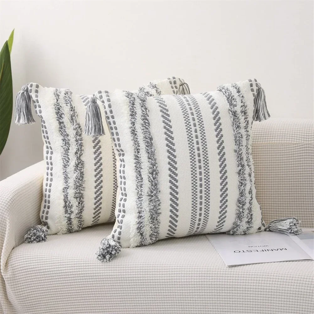 SEEKSEE Single Boho Throw Pillow Cover | 22x22 inch | Tufted & Tasseled | Grey - Picture 3 of 3
